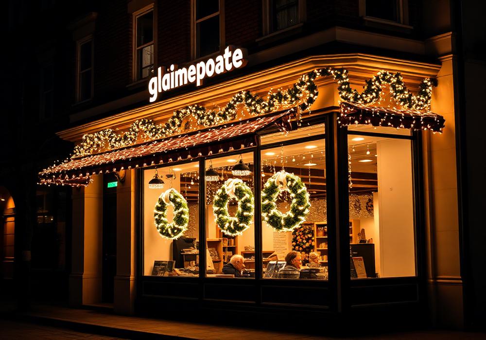 Storefront decorated with Christmas lights and wreaths