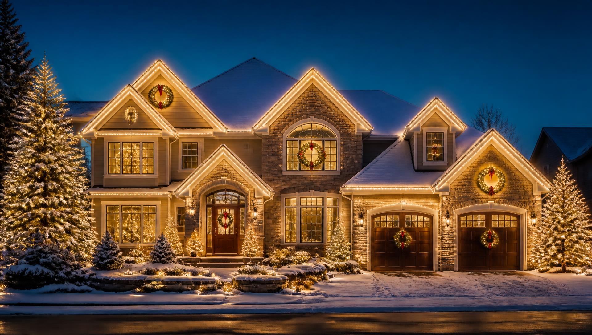 Home in West Virginia professionally decorated with warm white Christmas lights at night