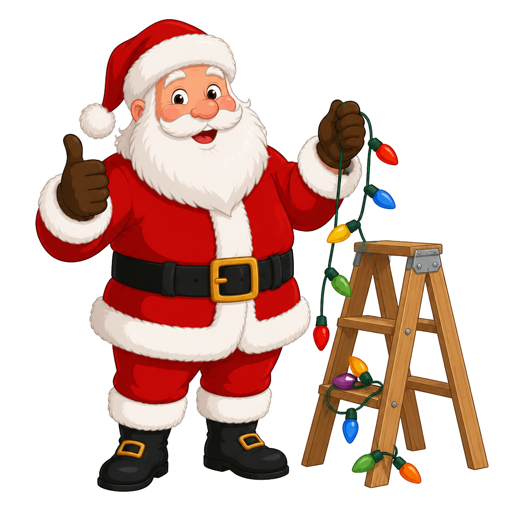 Cartoon Santa Claus giving a thumbs up while holding a string of Christmas lights