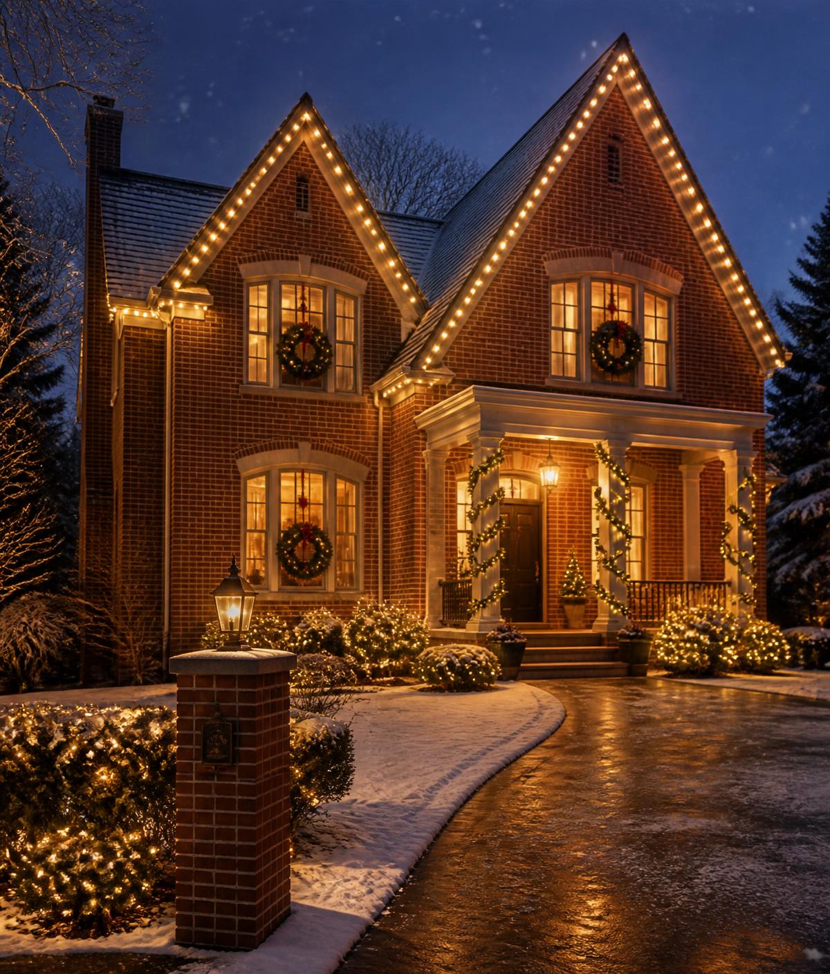 Brick home with elegant warm white roofline Christmas lighting